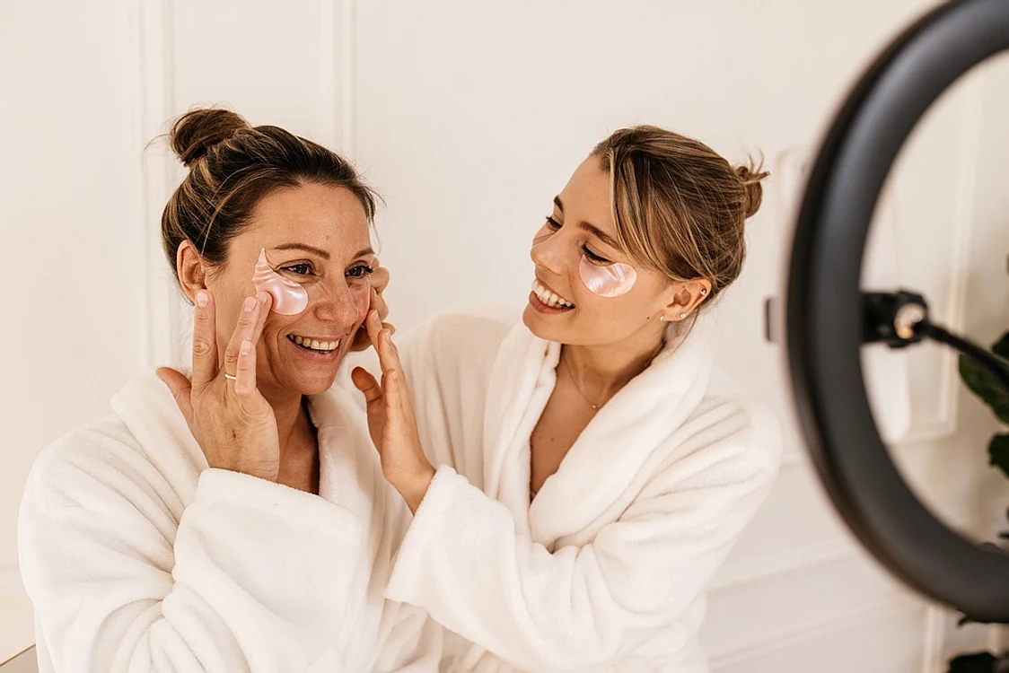 beautiful caucasian girls bathrobes struggle with bruises dark circles eyes with patches skin care health concept jpg
