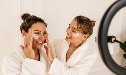 beautiful caucasian girls bathrobes struggle with bruises dark circles eyes with patches skin care health concept jpg