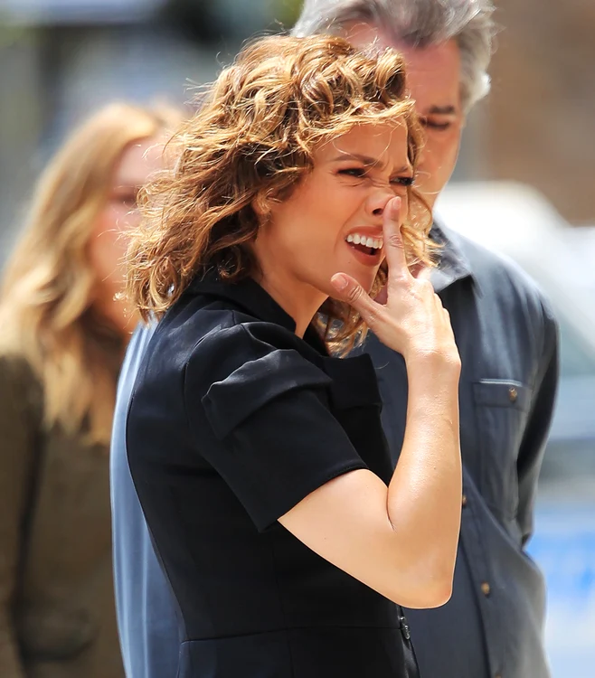 Jennifer Lopez makes a pig nose gesture on the set of 'Shades of Blue' in New York jpeg