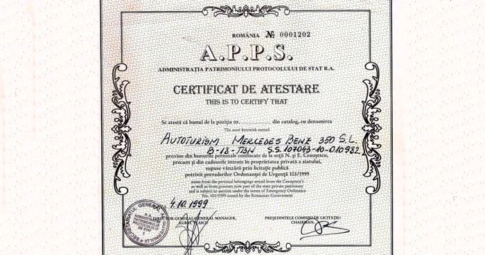 Certificatul de autenticitate al Mercedesului lui Ceauşescu. FOTO Conor Hughes