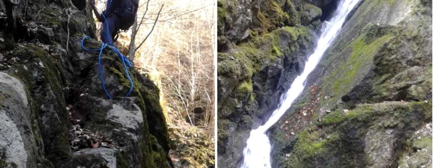 Canionul de Cascade Vultureasa din Munţii Căpăţânii - Vâlcea - salvamontişti în căutarea unor urme în cazul abandonării unor echipamente montane Foto Adevărul credit Salvamont Vâlcea
