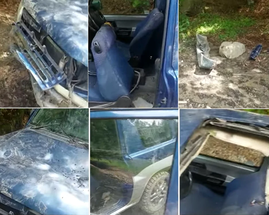 Imagini cu mașina de teren distrusă de un urs sau mai mulți în Perișani Vâlcea Foto capturi video