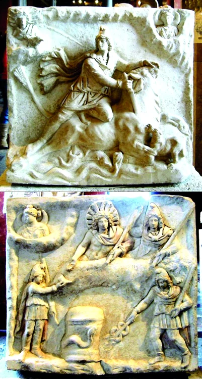 Luvru Mithras egorgeant le taureau sacre face A dun bas relief romain en marbre IIe IIIe siecles d Hr jpg jpeg