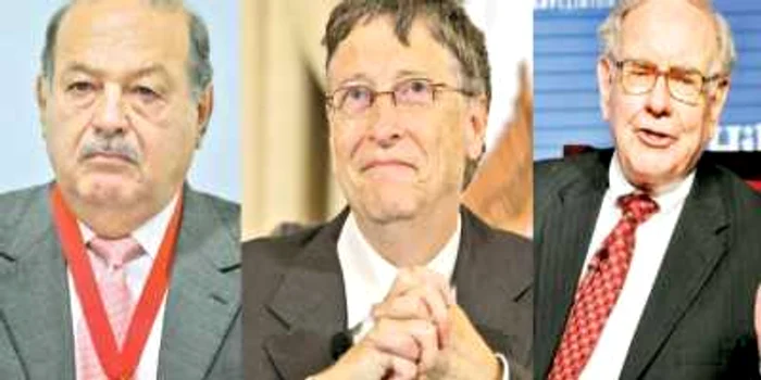 Carlos Slim Helu - 69 de miliarde de dolari, Bill Gates - 61 de miliarde de dolari şi Warren Buffet - 44 de miliarde de dolari