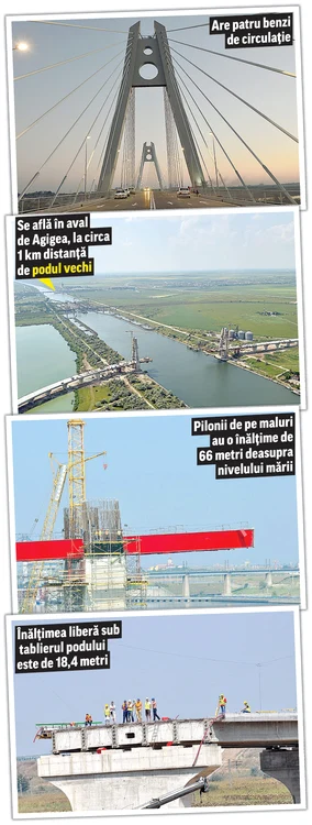 
    Podul este susţinut  de cabluri din oţel  şi de 16 piloni, având  o lungime de 360 mFoto: apolodor.ro/ Mediafax  