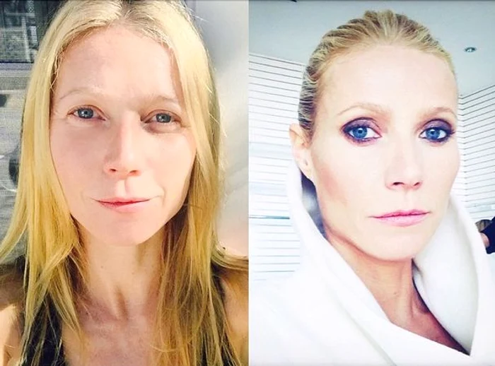 Gwyneth este o femeie frumoasă şi cu machiaj (foto dreapta) şi complet naturală (foto stânga)