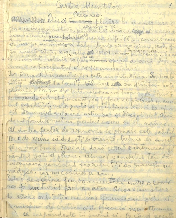 Prima pagină din lucrarea Bucurei Dumbravă „Cartea Munților” - manuscris