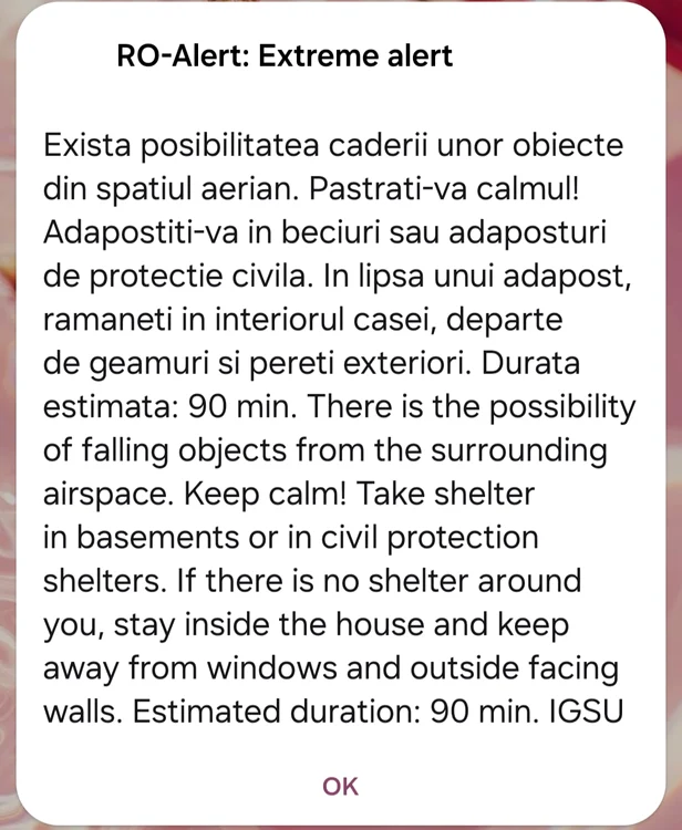 Mesajul RO-Alert primit la 08.10. FOTO: captură ecran