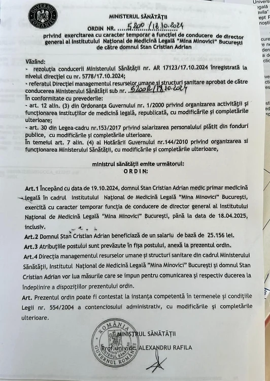Ordinul de schimbare al directorul INML, semnat de Alexandru Rafila