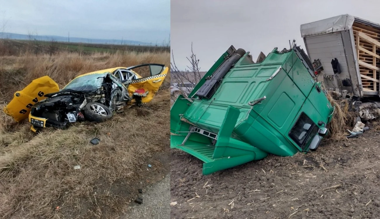 Taxiul şi autrenul implicate în accident FOTO colaj