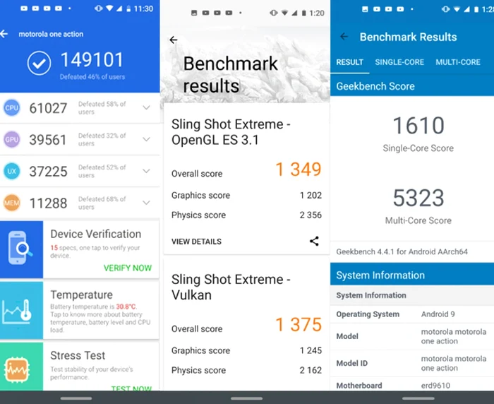 Motorola One Action teste benchmark sintetice colaj