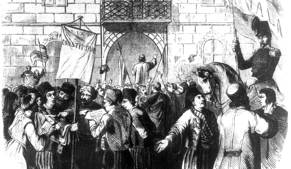 Promulgarea Constituției de la 1948 în Țara Românească. Litografie de epocă (© Wikimedia Commons)