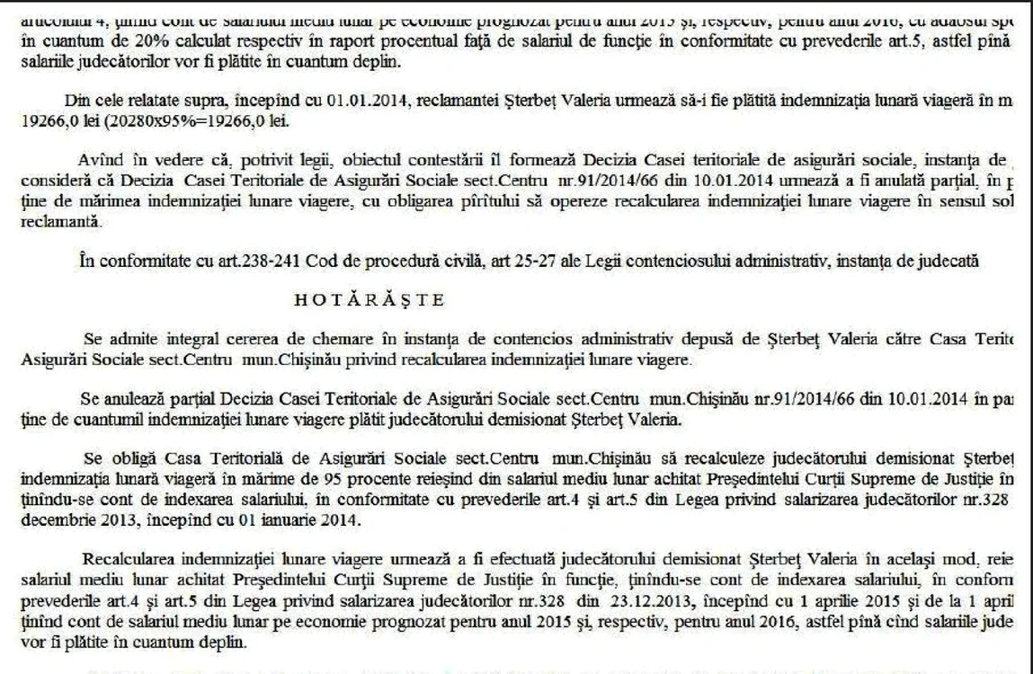 Extras din decizia judecatoriei Centru privind pensia Strebet FOTO adevarul