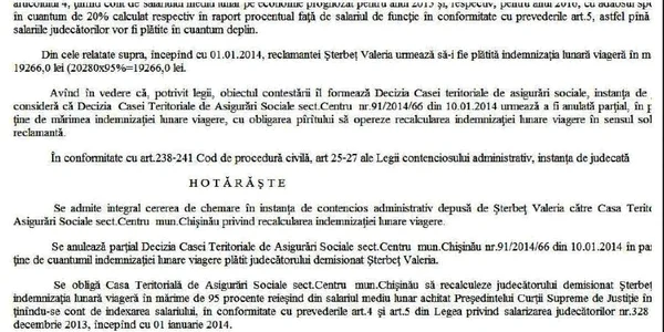 Extras din decizia judecatoriei Centru privind pensia Strebet FOTO adevarul