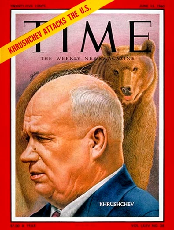 Nikita Hrușciov pe coperta revistei americane Time,  cu titlul „Hrușciov atacă Statele Unite” (iunie 1960)