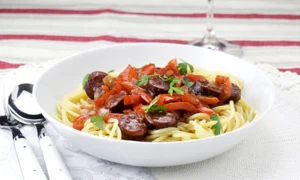 Pasta with chorizo al vino sauce jpeg