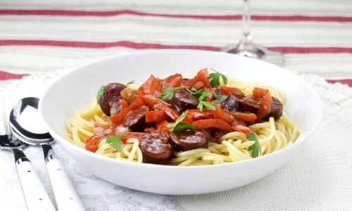Pasta with chorizo al vino sauce jpeg