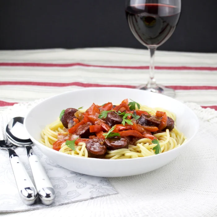 Pasta with chorizo al vino sauce jpeg