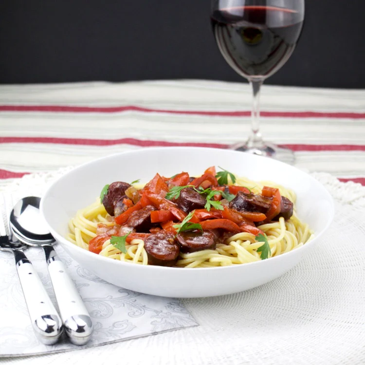 Pasta with chorizo al vino sauce jpeg