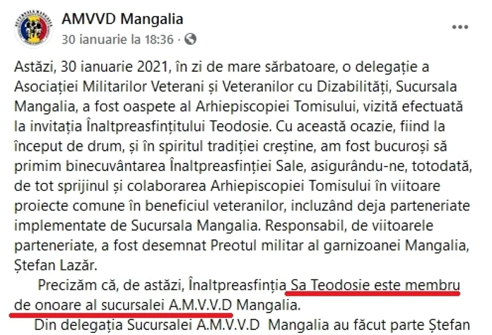 Teodosie si asociatia veteranilor militari foto FB AMVVD