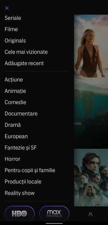 Interfața de căutare HBO Max 