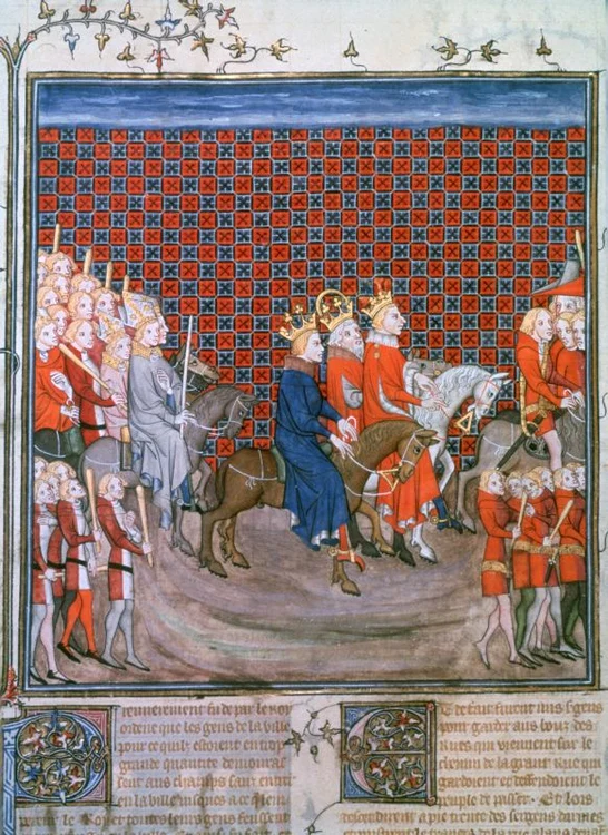 1378: intrarea în Paris a împăratului Carol al IV-lea (la mijloc); alături de el sunt fiul său, Václav al IV-lea, şi regele Carol al V-lea al Franţei (ilustraţie din
Grandes Chroniques de France, colecţia Bibliotecii Naţionale din Paris)