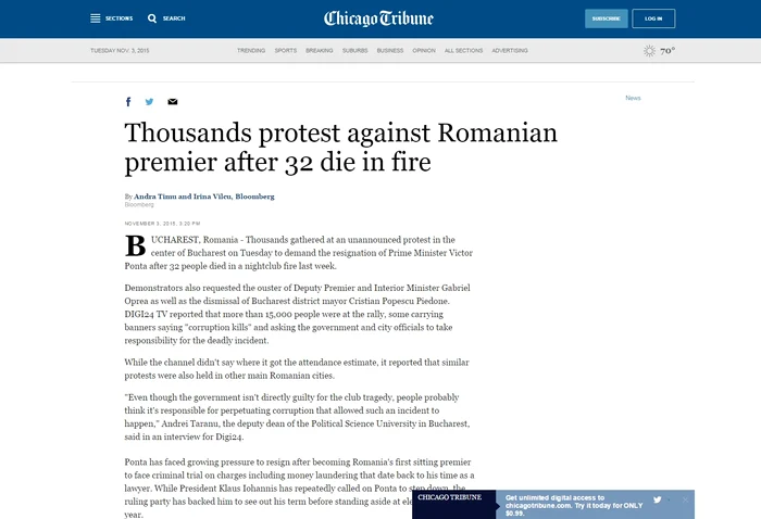 Proteste în București: Chicago Tribune vorbește despre protestatarii care cer demisia premierului Victor Ponta