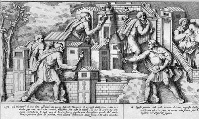 Scene din războaiele daco-romane, de pe Columna lui Traian. Gravură în metal de Pietro Santi Bartoli (© Muzeul Național al Hărților și Cărții Vechi / Wikimedia Commons)