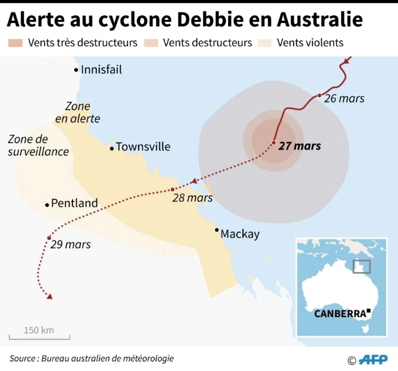 Traiectoria ciclonului Debbie FOTO AFP