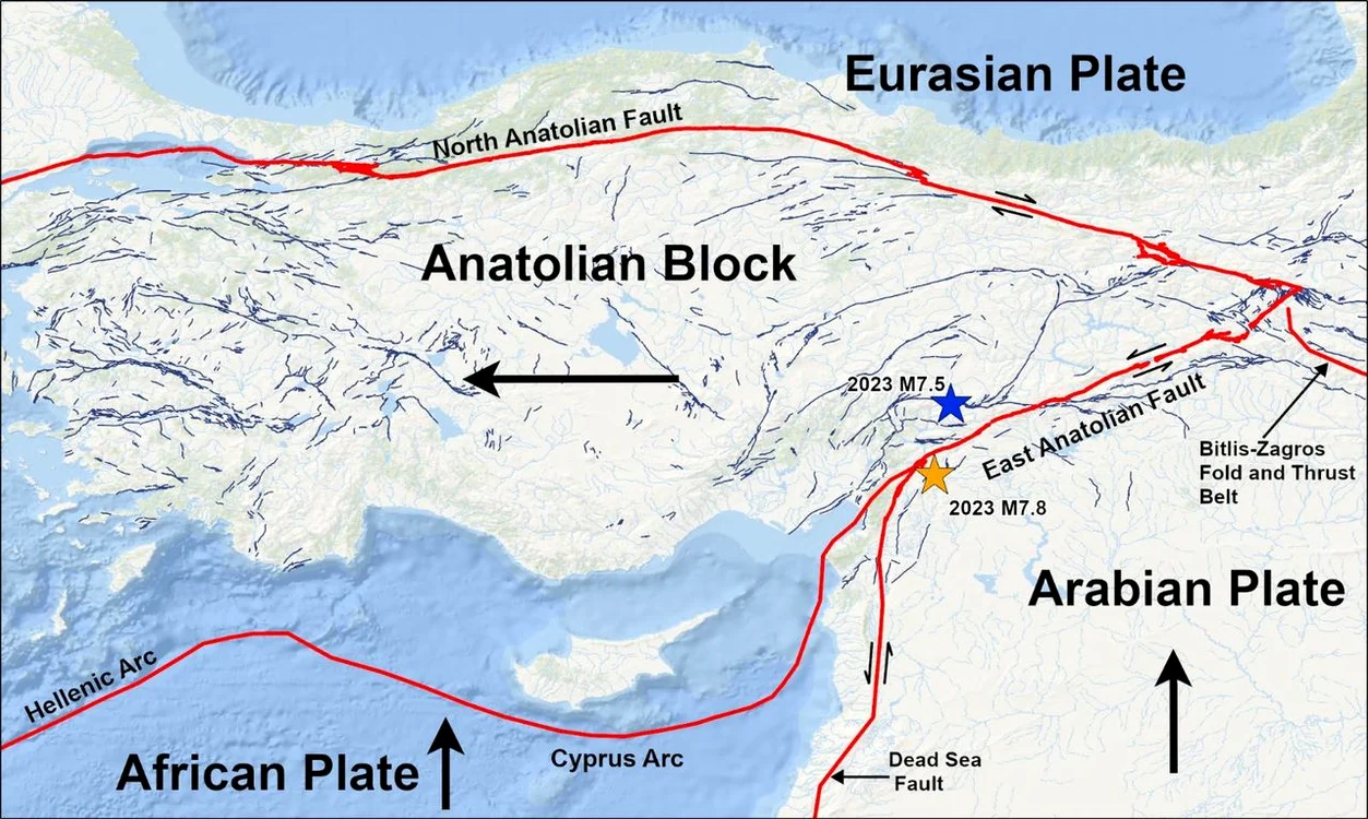 Epicentrul cutremurului din 2023, pe harta tectonică a Turciei