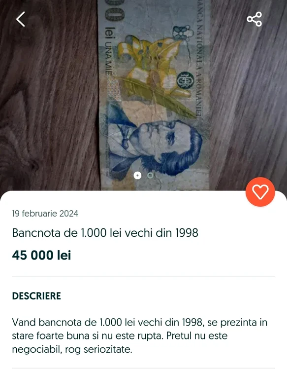 Bancnota pusă la vânzare / foto: OLX