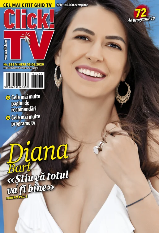 Diana Bart apare din nou pe coperta celui mai îndrăgit ghid tv din România, Click! TV, ediția din 5 iunie. Revista Click! TV se distribuie gratis, în fiecare vineri, împreună cu ziarul Click!