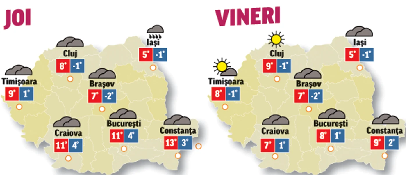 În urmăroarele două zile cerul se va menține acoperit, însă precipitații vor cădea pe tot teritoriul