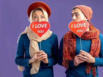 young couple wearing hat with scarf valentine s day covered face with red hearts stick with i love you text pleased guy looking girl isolated blue background jpg