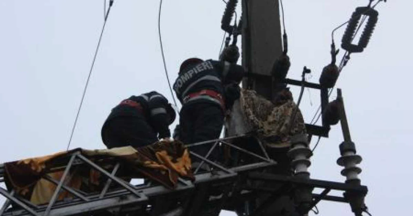 Trupul bărbatului a fost coborât după stâlp cu ajutorul pompierilor