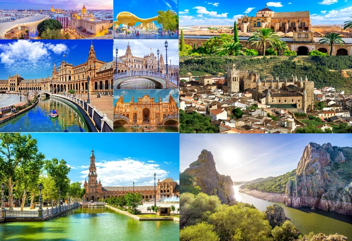 Colaj cu imagini din Sevilla și Extremadura puse în oglindă Foto Tourism&YouTube DMS 