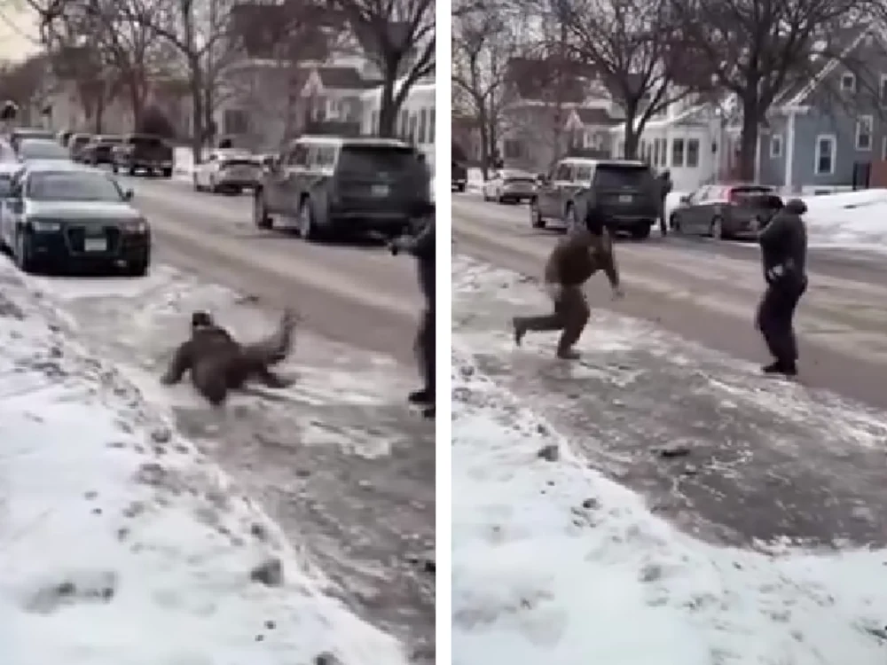 Momentul viral în care un agent ICE alunecă pe gheață, încercând să prindă un protestatar care îl fotografia