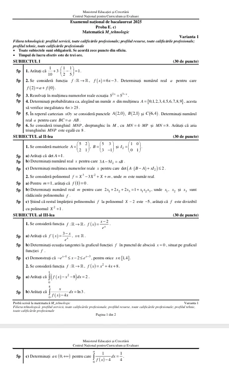 Subiectele la matematică, profilul tehnologic. FOTO Edu.ro
