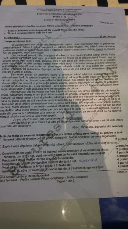 Subiecte la proba de Limba şi Literatura Română