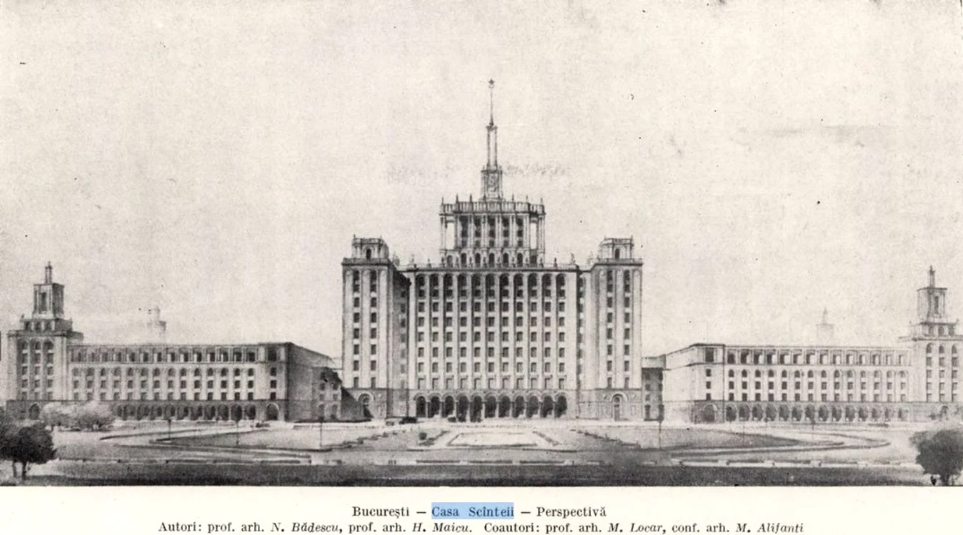 Casa Scânteii. Foto: Arhitectura, Schiță din anii 50