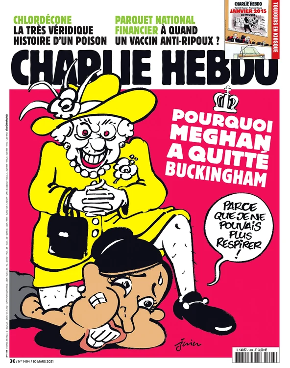 Caricatura Charlie Hebdo cu regina Elisabeta a II-a si Meghan Markle FOTO Twitter @Charlie_Hebdo_