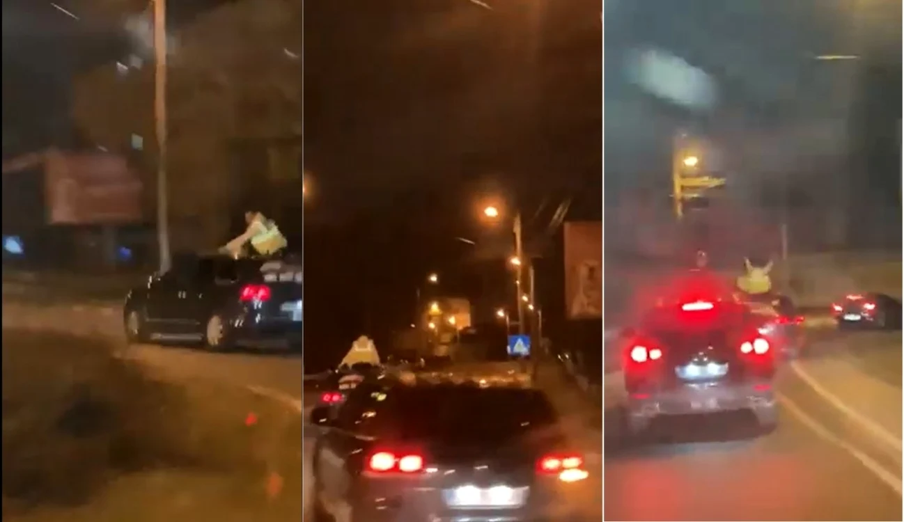 Imagini şocante în trafic în Sibiu - transportat pe plafonul unei maşini Foto colaj capturi video