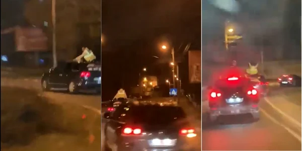 Imagini şocante în trafic în Sibiu - transportat pe plafonul unei maşini Foto colaj capturi video