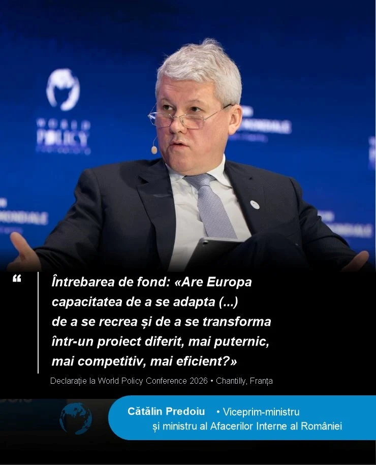 Cătălin Predoiu, la World Policy Conference 2026: „O dronă rusească a căzut, de data aceasta, într-un oraș din România. Era echipată cu o bombă”