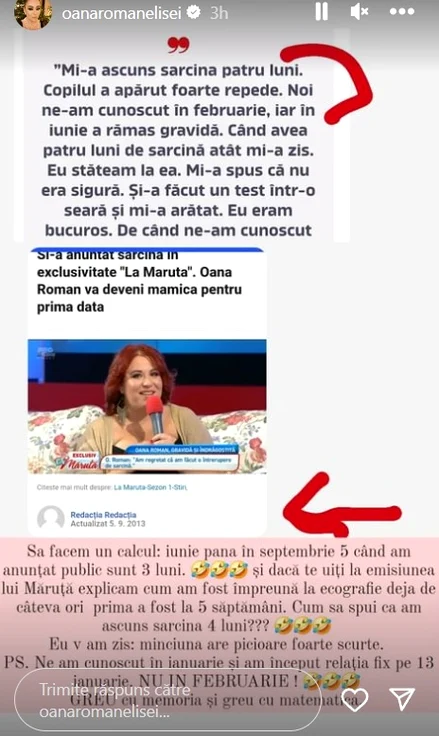 Răspunsul postat de Oana Roman pe Instagram