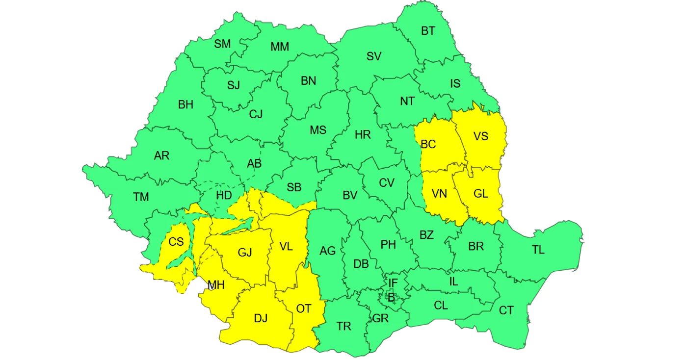 Avertizarea este în vigoare între orele 12:00 și 21:00.