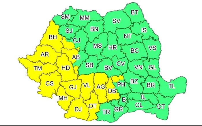 Harta zonelor vizate de codul galben /foto: ANM