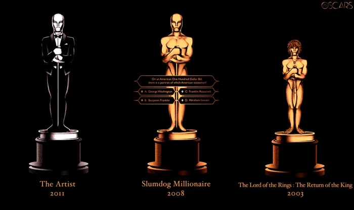 Statuetele Oscar înfăţişând filmele câştigătoare din 1927 până în 2012