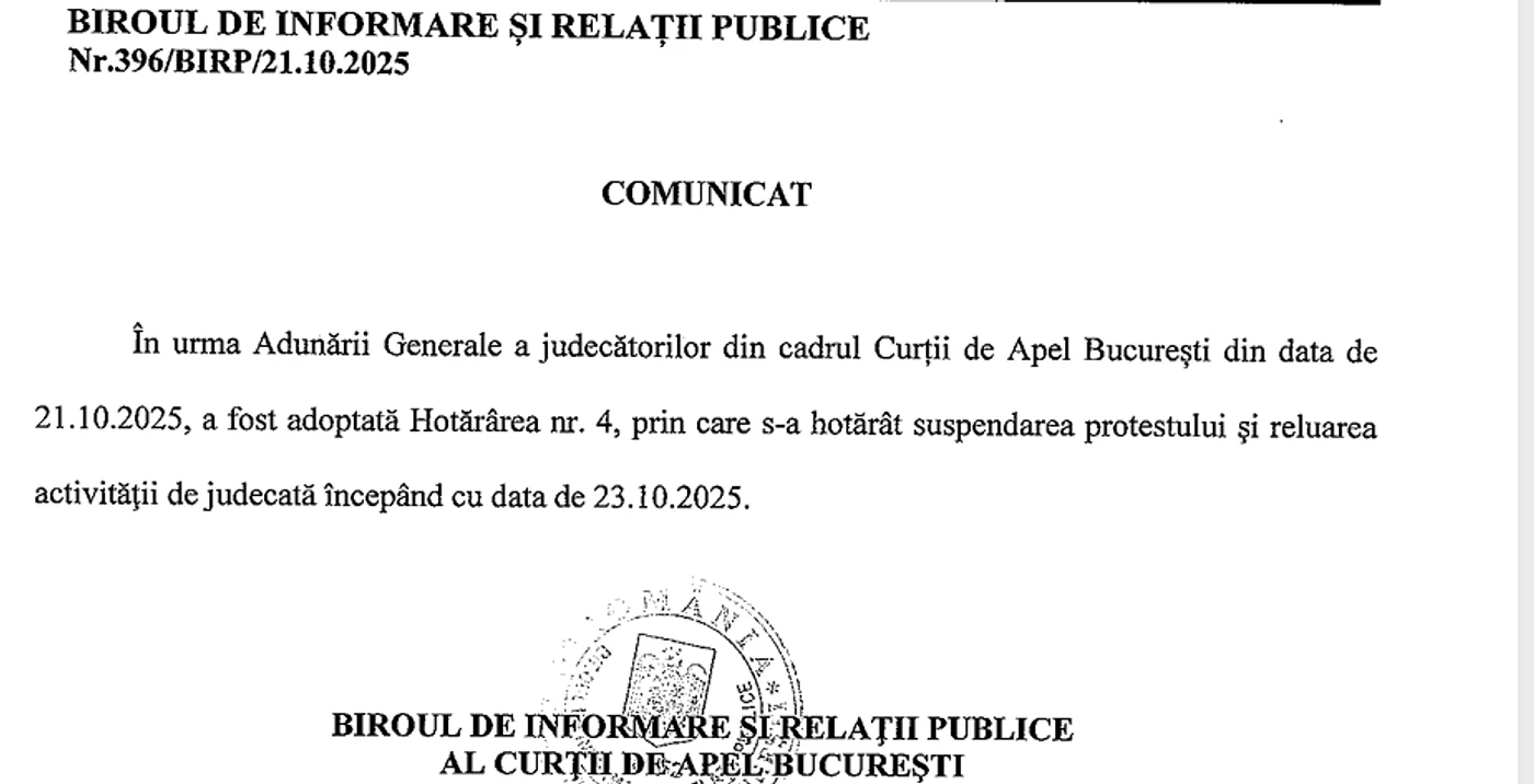Comunicatul Curții de Apel București. FOTO Adevărul