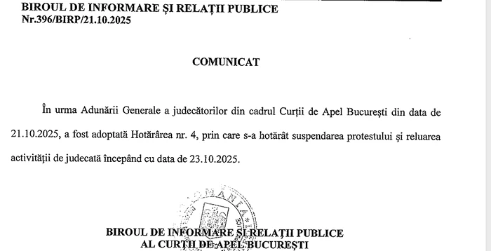 Comunicatul Curții de Apel București. FOTO Adevărul